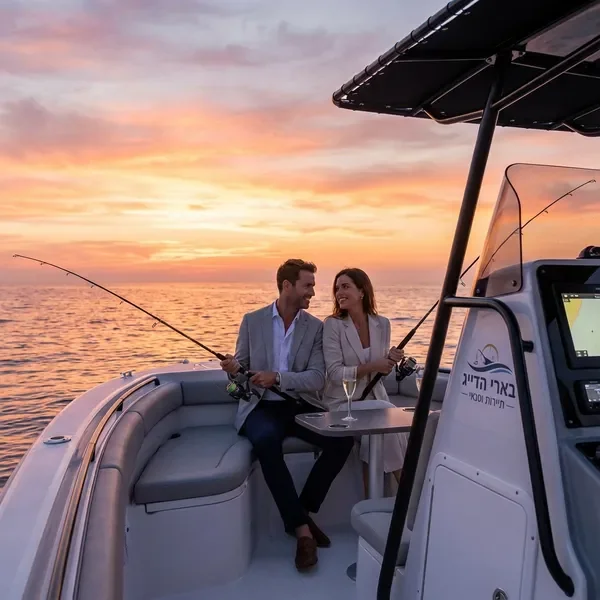 טיול דיג בשקיעה - זוג על רקע שקיעה רומנטית